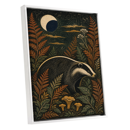 Badger After Dusk, black, beige, orange nature wall art shown as a white framed canvas wall art
