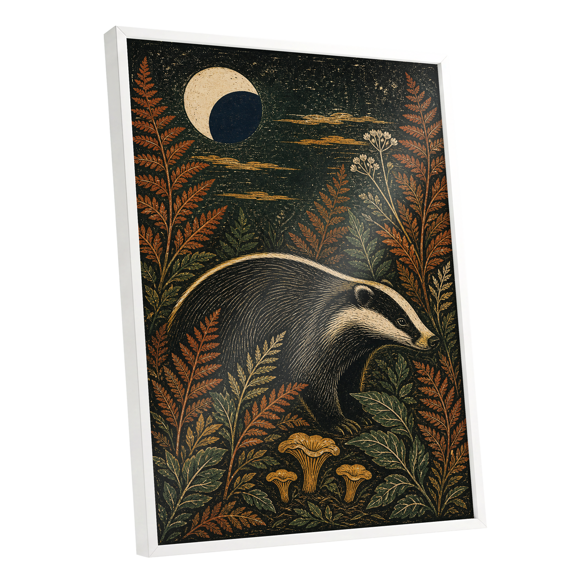 Badger After Dusk, black, beige, orange nature wall art shown as a white framed poster wall art print