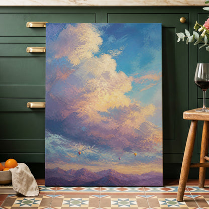 Balloons Above Violet Peaks, blue, purple, gold nature wall art on canvas displayed in a styled interior, gallery view 1