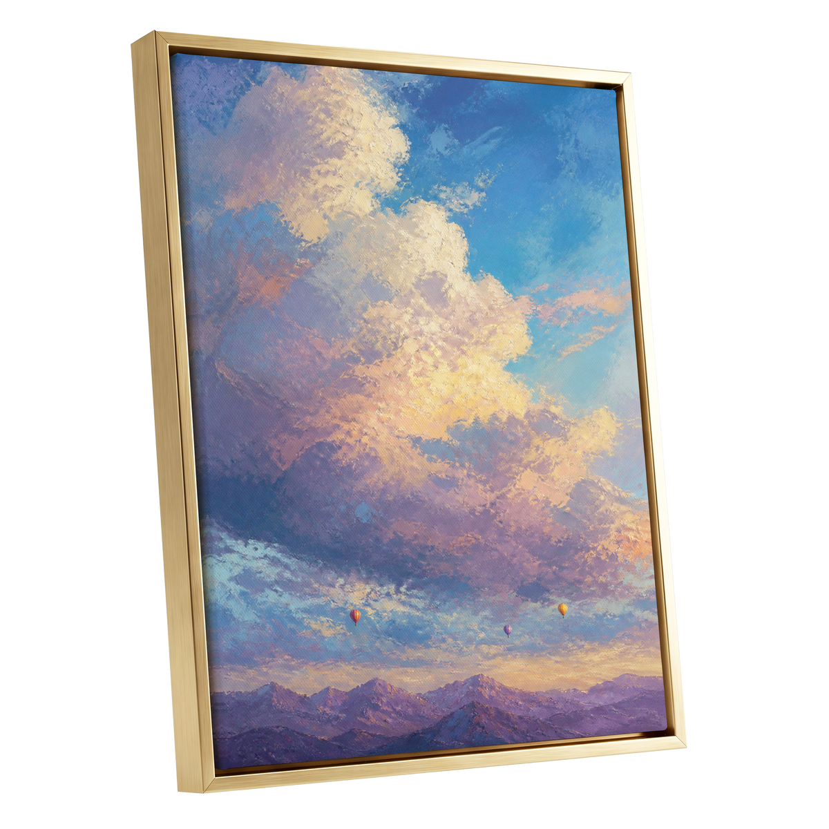 Balloons Above Violet Peaks, blue, purple, gold nature wall art shown as a gold framed canvas wall art