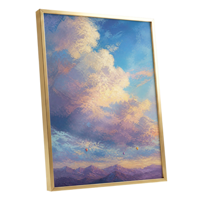 Balloons Above Violet Peaks, blue, purple, gold nature wall art shown as a gold framed poster wall art print