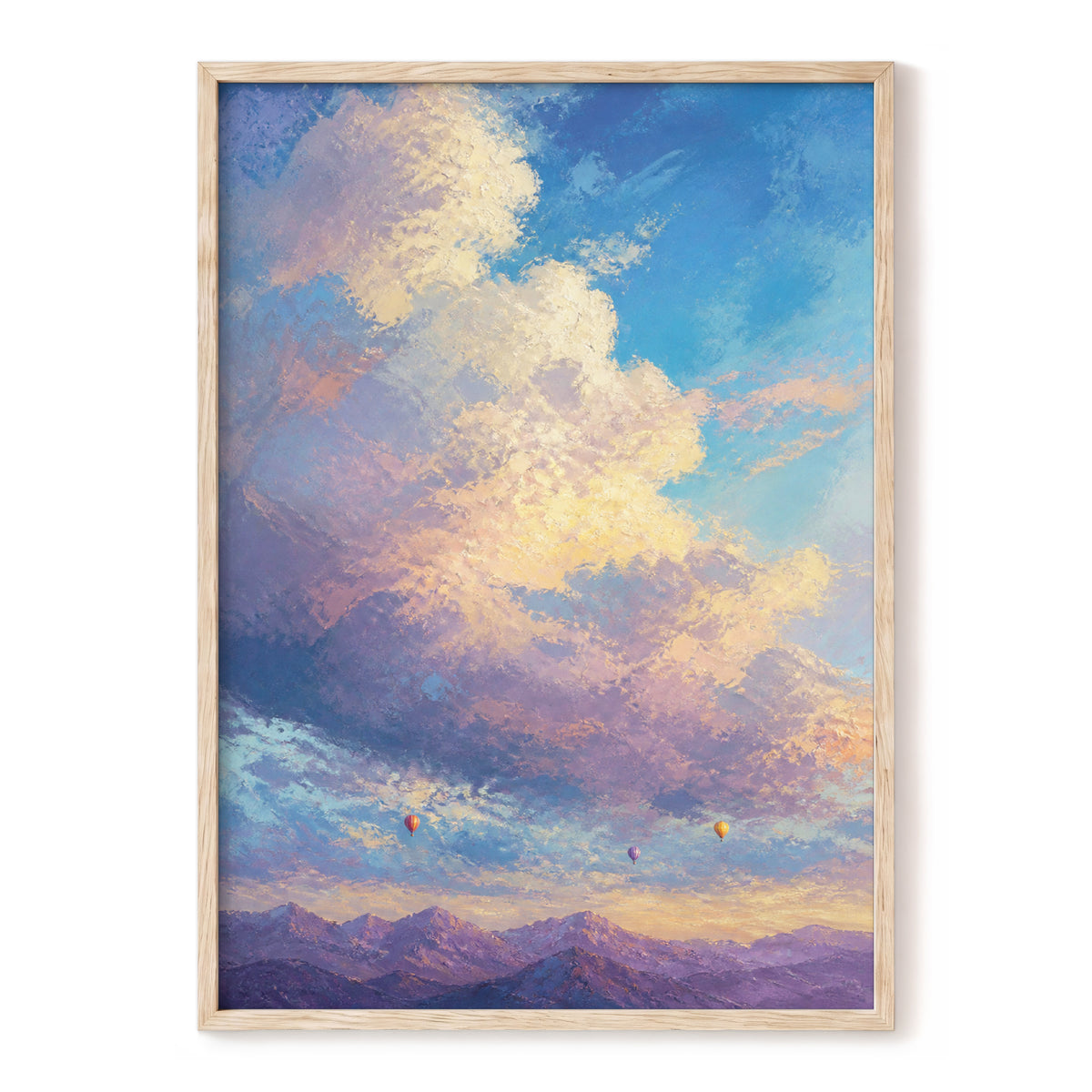 Balloons Above Violet Peaks, blue, purple, gold nature wall art, front artwork view