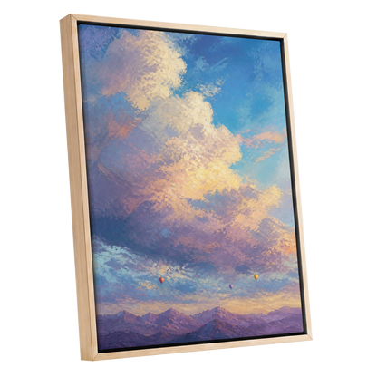 Balloons Above Violet Peaks, blue, purple, gold nature wall art shown as a oak framed canvas wall art