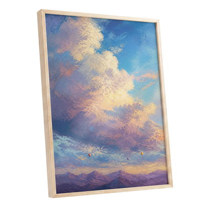 Balloons Above Violet Peaks, blue, purple, gold nature wall art shown as a oak framed poster wall art print