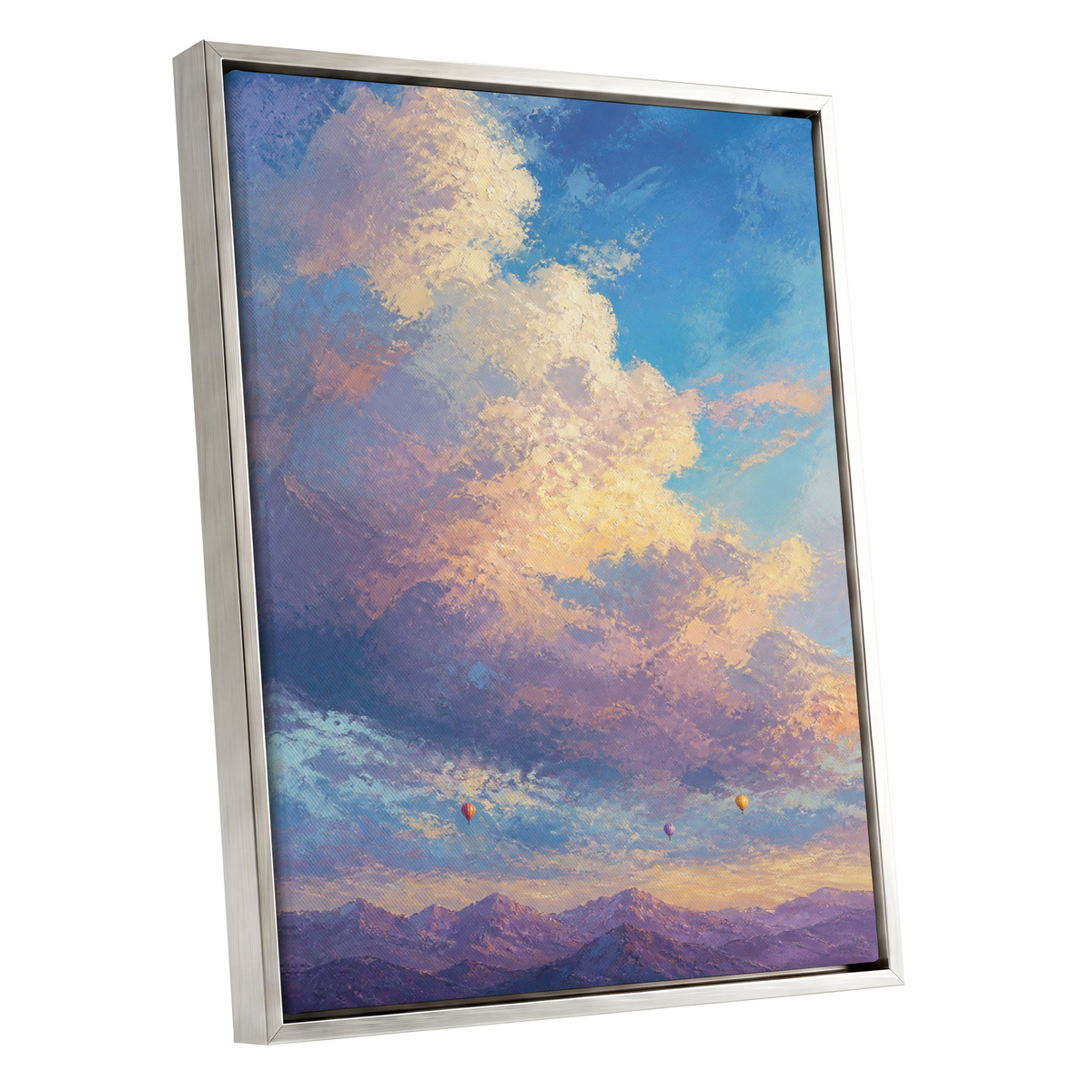 Balloons Above Violet Peaks, blue, purple, gold nature wall art shown as a silver framed canvas wall art