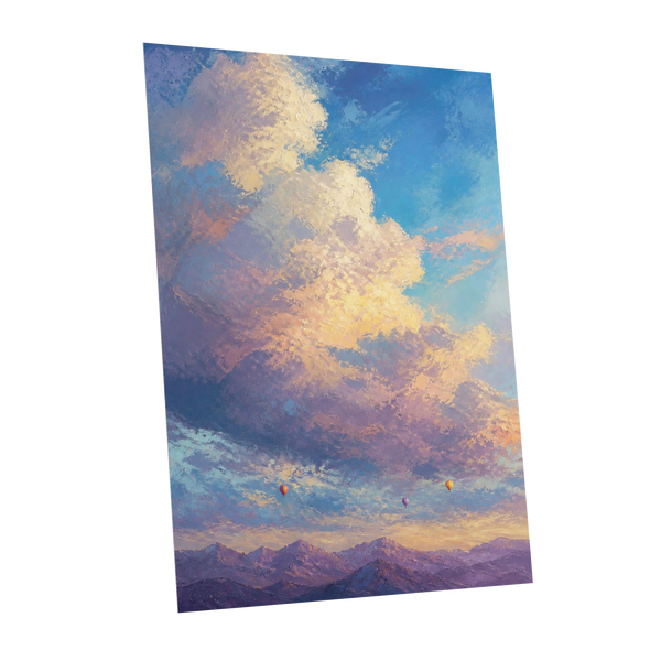 Balloons Above Violet Peaks, blue, purple, gold nature wall art shown as a unframed poster wall art print