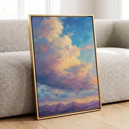 Balloons Above Violet Peaks, blue, purple, gold nature wall art displayed in a styled interior, gallery view 1