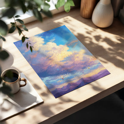 Balloons Above Violet Peaks, blue, purple, gold nature wall art displayed in a styled interior, gallery view 2