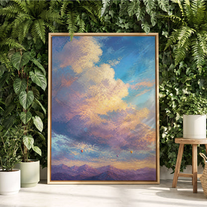 Balloons Above Violet Peaks, blue, purple, gold nature wall art displayed in a styled interior, gallery view 3