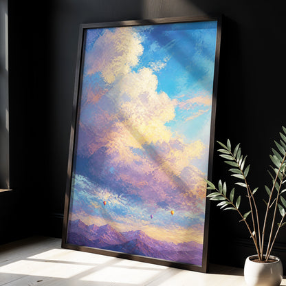 Balloons Above Violet Peaks, blue, purple, gold nature wall art displayed in a styled interior, gallery view 4