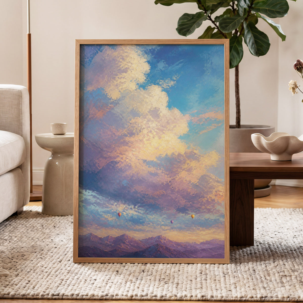 Balloons Above Violet Peaks, blue, purple, gold nature wall art displayed in a styled interior, gallery view 5