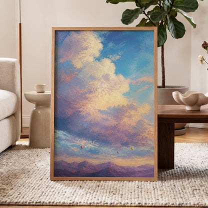 Balloons Above Violet Peaks, blue, purple, gold nature wall art displayed in a styled interior, gallery view 5