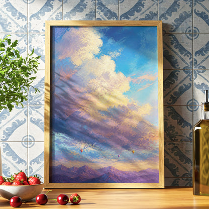 Balloons Above Violet Peaks, blue, purple, gold nature wall art displayed in a styled interior, gallery view 6