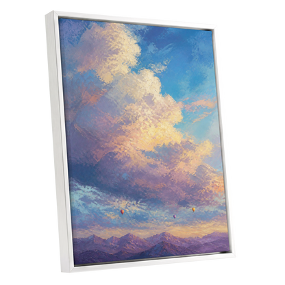 Balloons Above Violet Peaks, blue, purple, gold nature wall art shown as a white framed canvas wall art