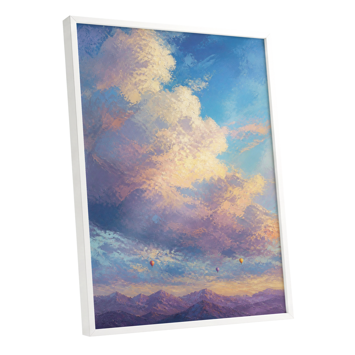 Balloons Above Violet Peaks, blue, purple, gold nature wall art shown as a white framed poster wall art print