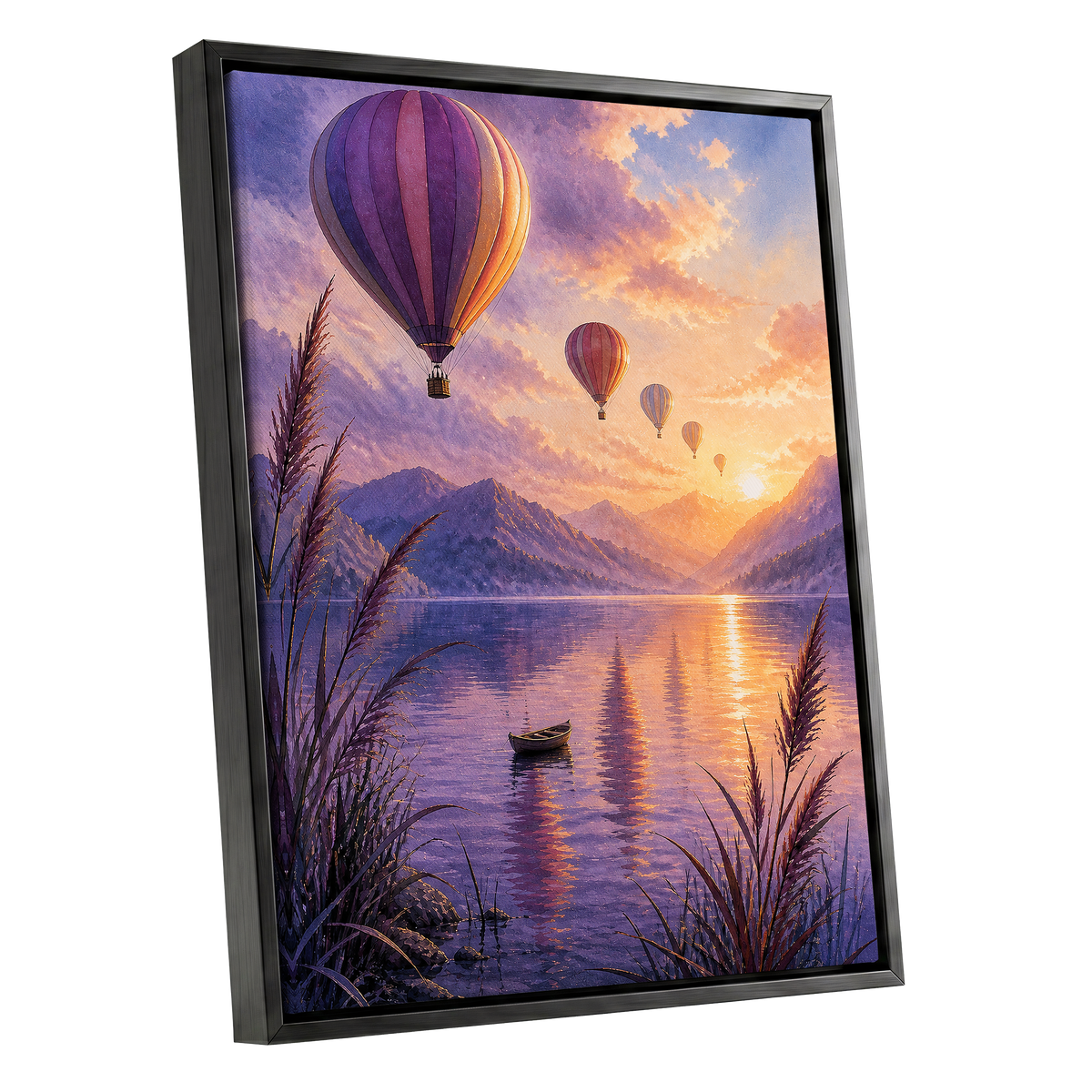 Balloons at Golden Hour, purple, gold, orange nature wall art shown as a black framed canvas wall art