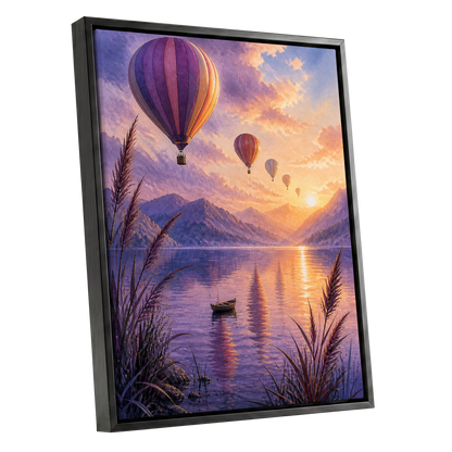 Balloons at Golden Hour, purple, gold, orange nature wall art shown as a black framed canvas wall art