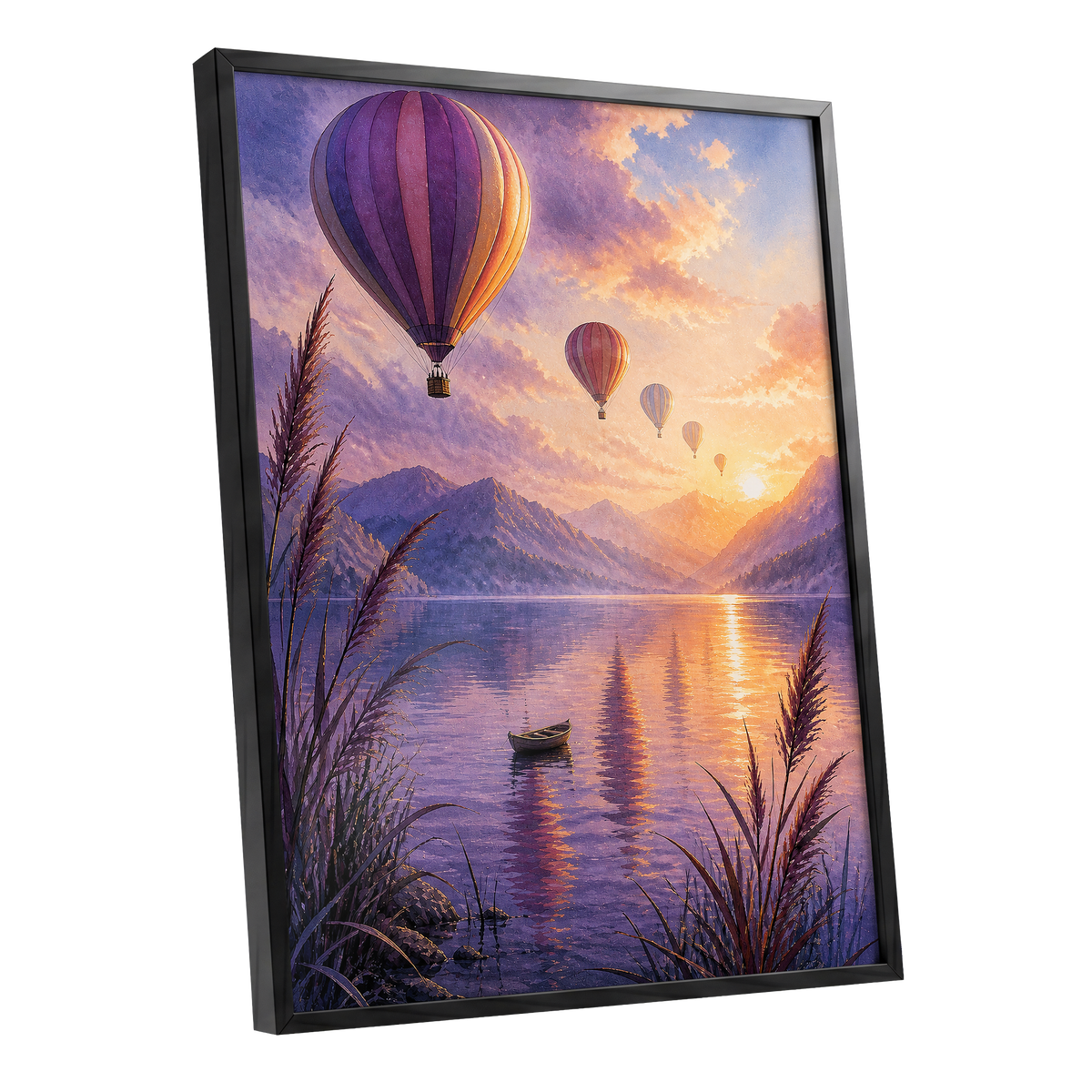 Balloons at Golden Hour, purple, gold, orange nature wall art shown as a black framed poster wall art print