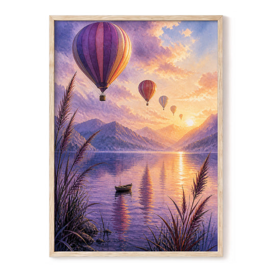 Balloons at Golden Hour, purple, gold, orange nature wall art, front artwork view