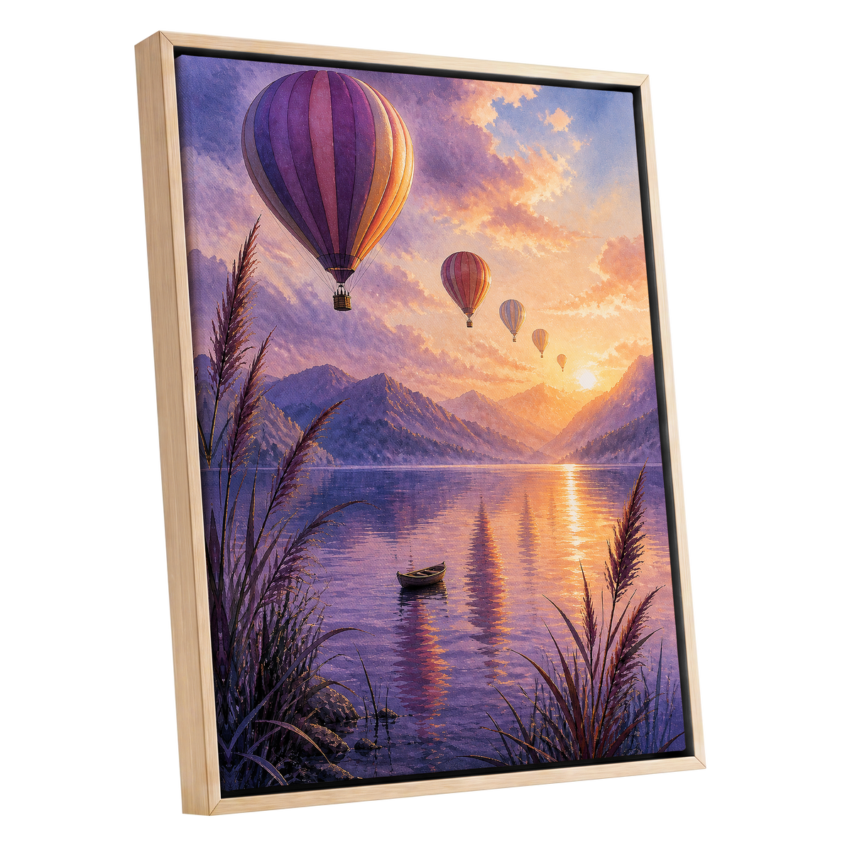 Balloons at Golden Hour, purple, gold, orange nature wall art shown as a oak framed canvas wall art