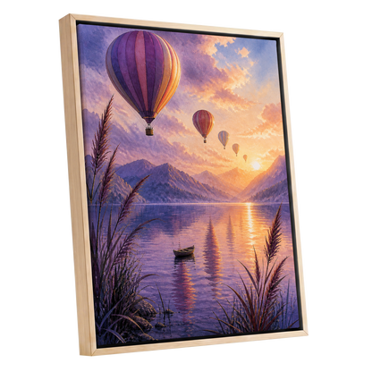 Balloons at Golden Hour, purple, gold, orange nature wall art shown as a oak framed canvas wall art