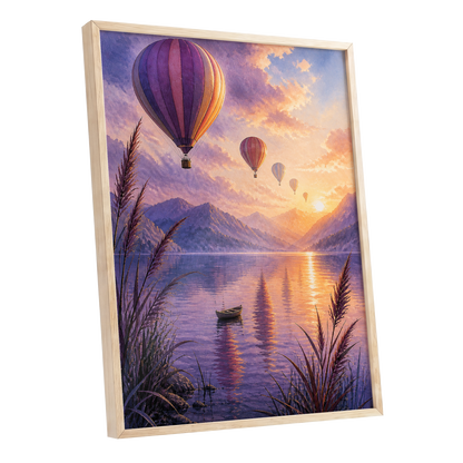 Balloons at Golden Hour, purple, gold, orange nature wall art shown as a oak framed poster wall art print