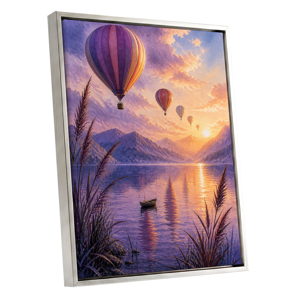 Balloons at Golden Hour, purple, gold, orange nature wall art shown as a silver framed canvas wall art
