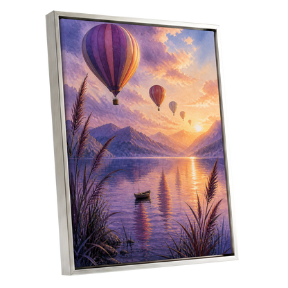 Balloons at Golden Hour, purple, gold, orange nature wall art shown as a silver framed canvas wall art