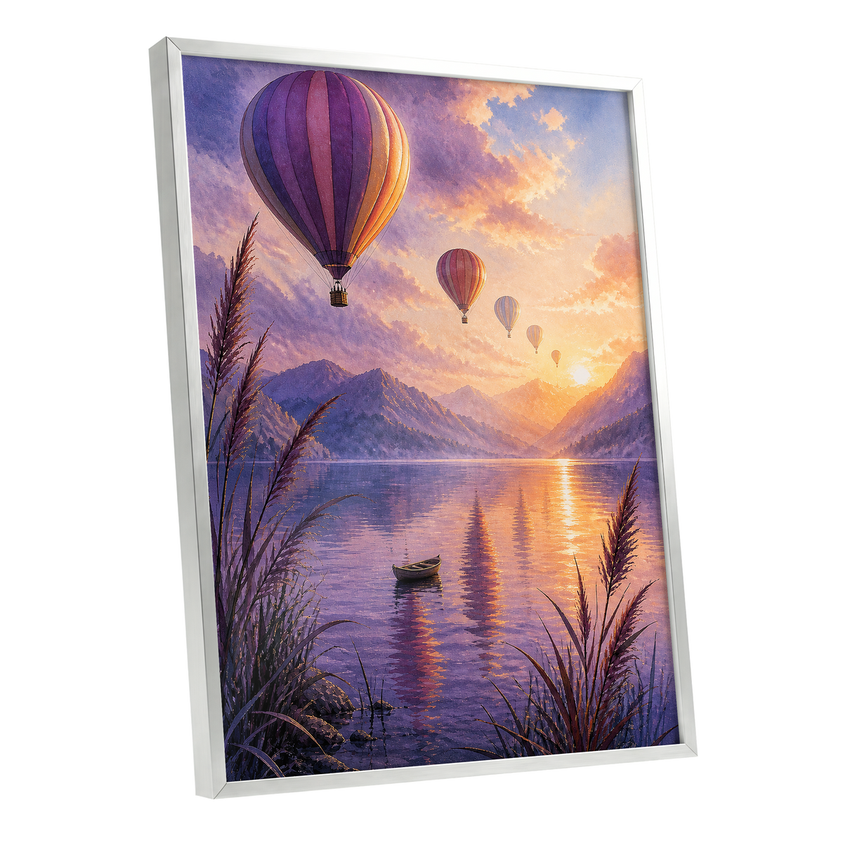 Balloons at Golden Hour, purple, gold, orange nature wall art shown as a silver framed poster wall art print