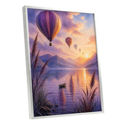 Balloons at Golden Hour, purple, gold, orange nature wall art shown as a silver framed poster wall art print
