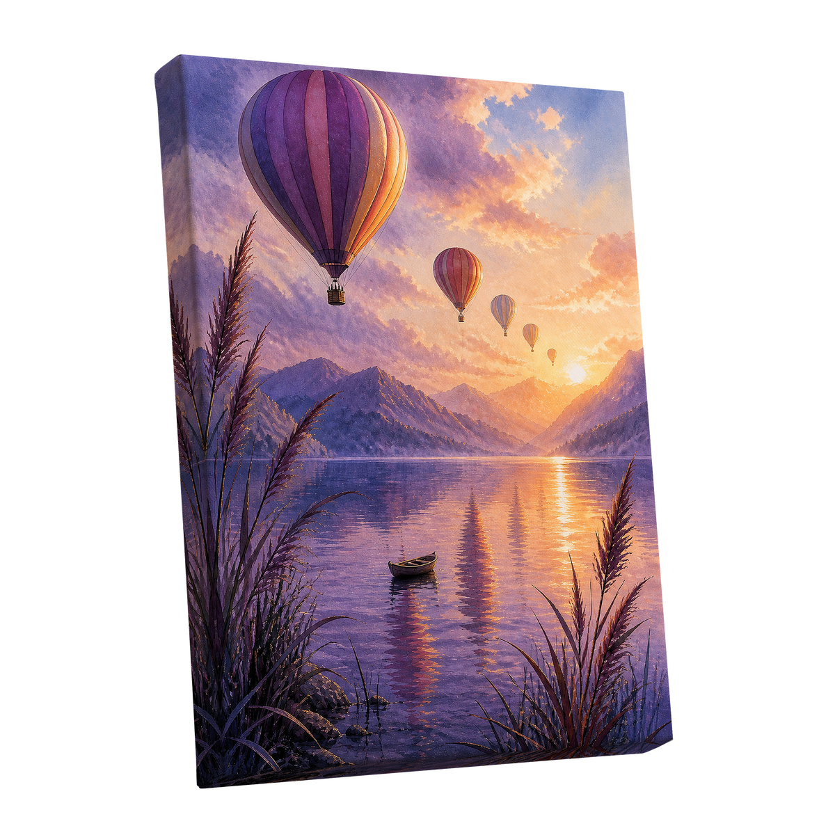 Balloons at Golden Hour, purple, gold, orange nature wall art shown as a stretched canvas wall art