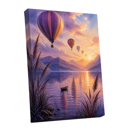 Balloons at Golden Hour, purple, gold, orange nature wall art shown as a stretched canvas wall art