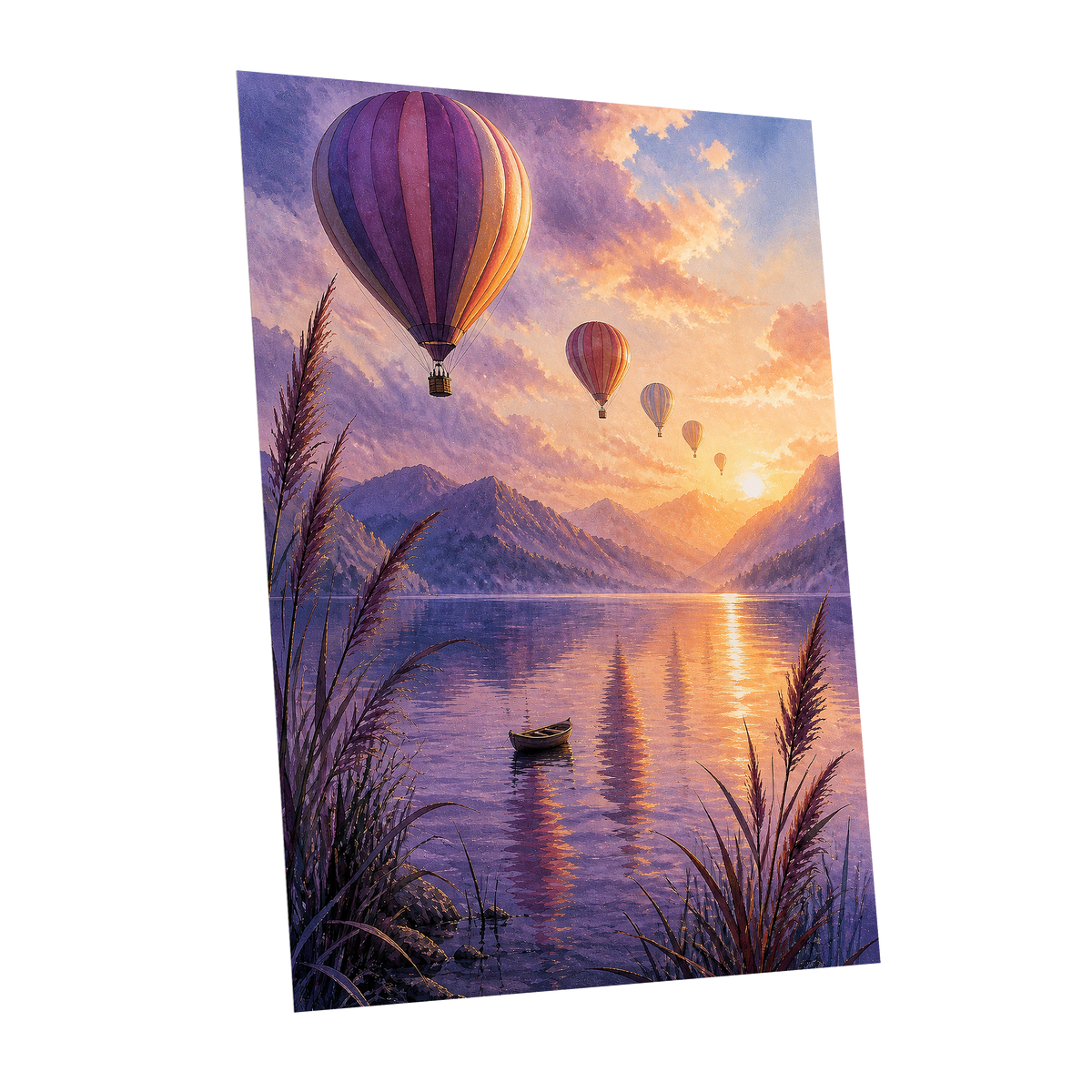 Balloons at Golden Hour, purple, gold, orange nature wall art shown as a unframed poster wall art print