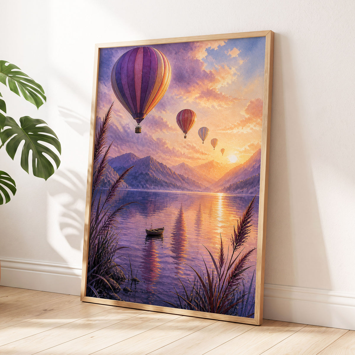 Balloons at Golden Hour, purple, gold, orange nature wall art displayed in a styled interior, gallery view 2