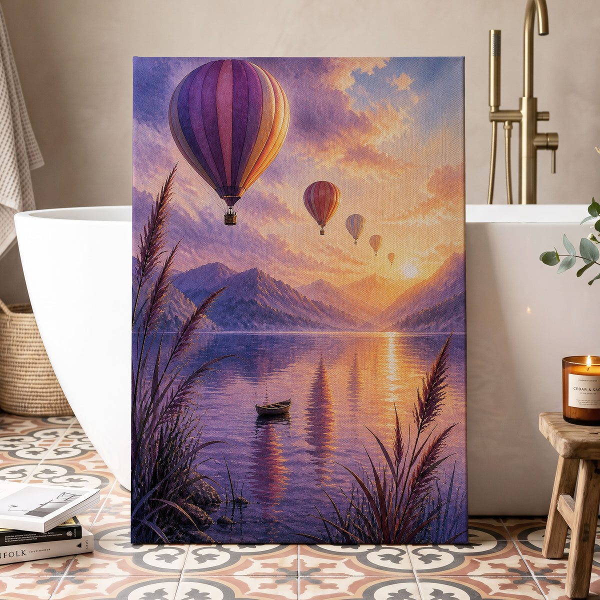 Balloons at Golden Hour, purple, gold, orange nature wall art displayed in a styled interior, gallery view 3