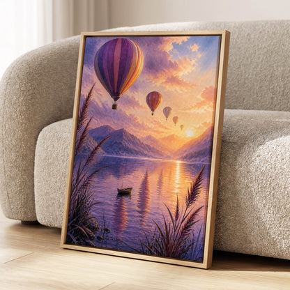 Balloons at Golden Hour, purple, gold, orange nature wall art displayed in a styled interior, gallery view 4
