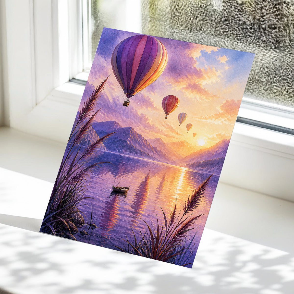 Balloons at Golden Hour, purple, gold, orange nature wall art displayed in a styled interior, gallery view 5