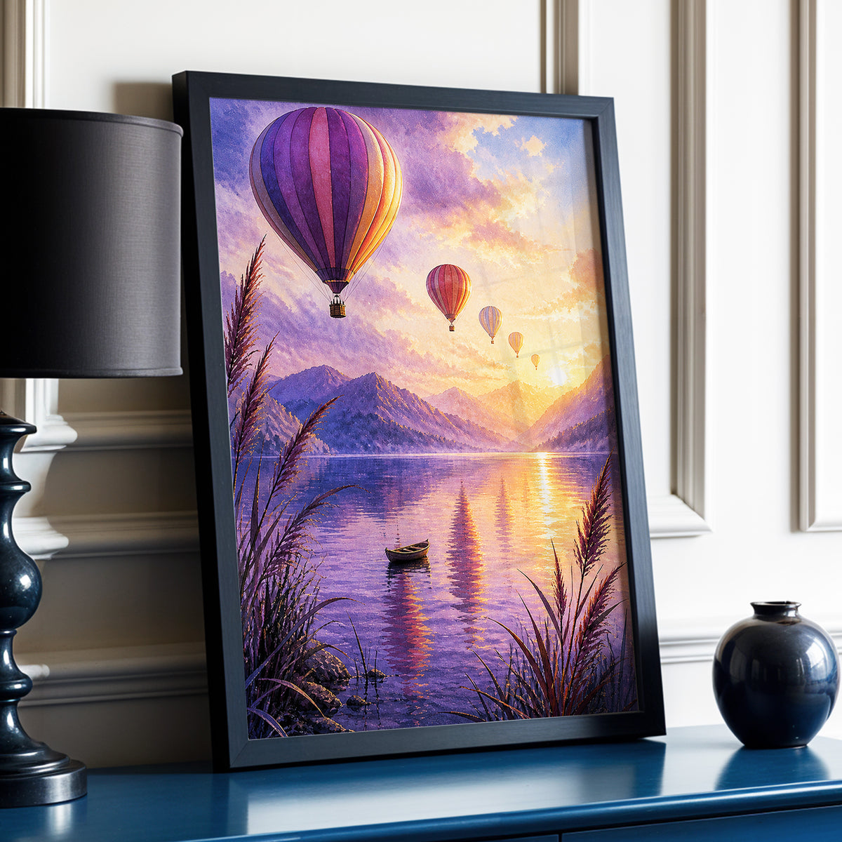 Balloons at Golden Hour, purple, gold, orange nature wall art displayed in a styled interior, gallery view 6