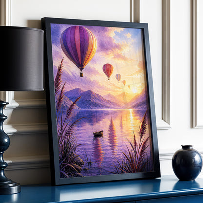 Balloons at Golden Hour, purple, gold, orange nature wall art displayed in a styled interior, gallery view 6