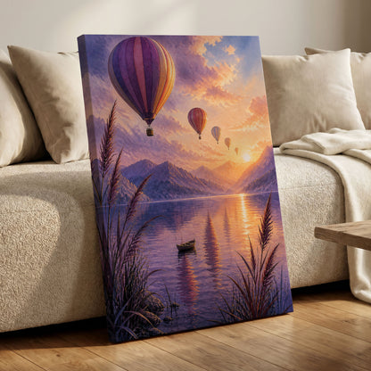 Balloons at Golden Hour, purple, gold, orange nature wall art displayed in a styled interior, gallery view 7