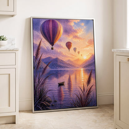 Balloons at Golden Hour, purple, gold, orange nature wall art displayed in a styled interior, gallery view 8
