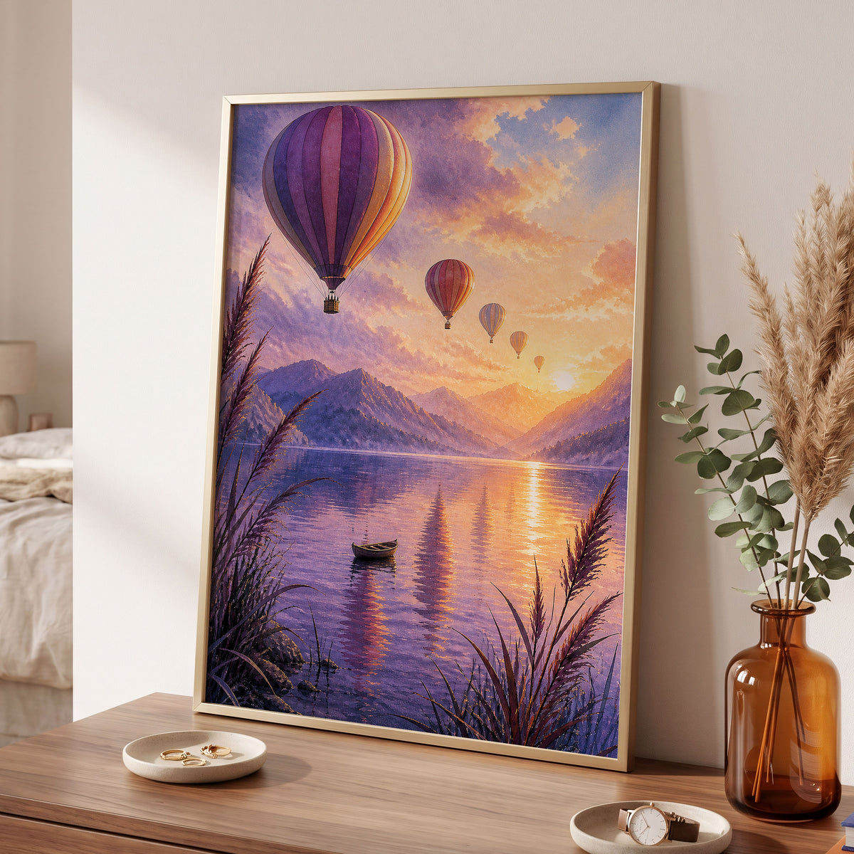 Balloons at Golden Hour, purple, gold, orange nature wall art displayed in a styled interior, gallery view 9