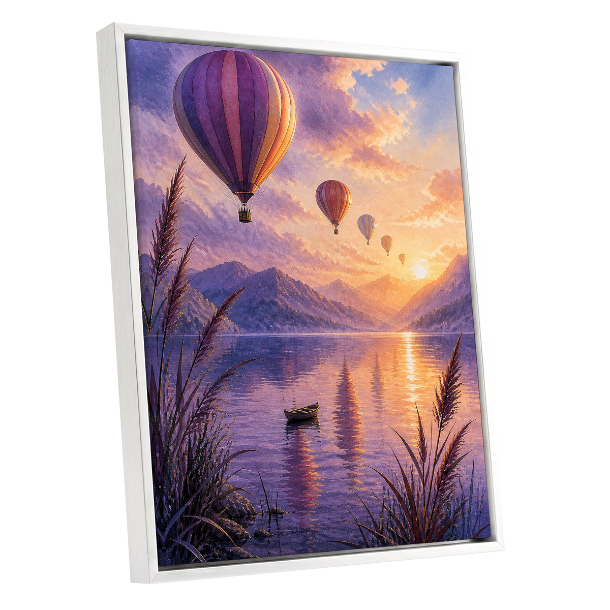 Balloons at Golden Hour, purple, gold, orange nature wall art shown as a white framed canvas wall art