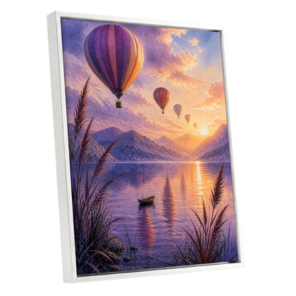 Balloons at Golden Hour, purple, gold, orange nature wall art shown as a white framed canvas wall art