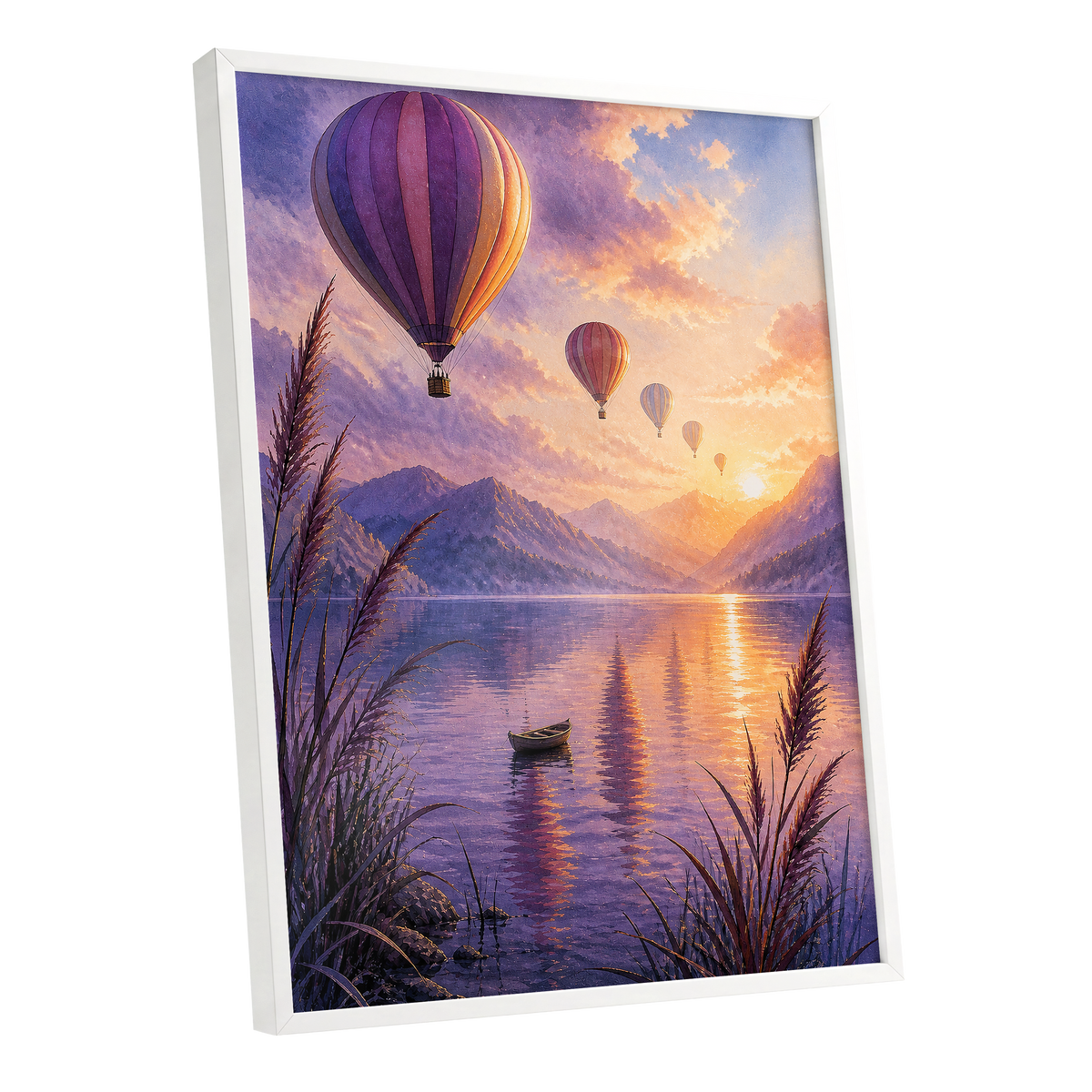 Balloons at Golden Hour, purple, gold, orange nature wall art shown as a white framed poster wall art print