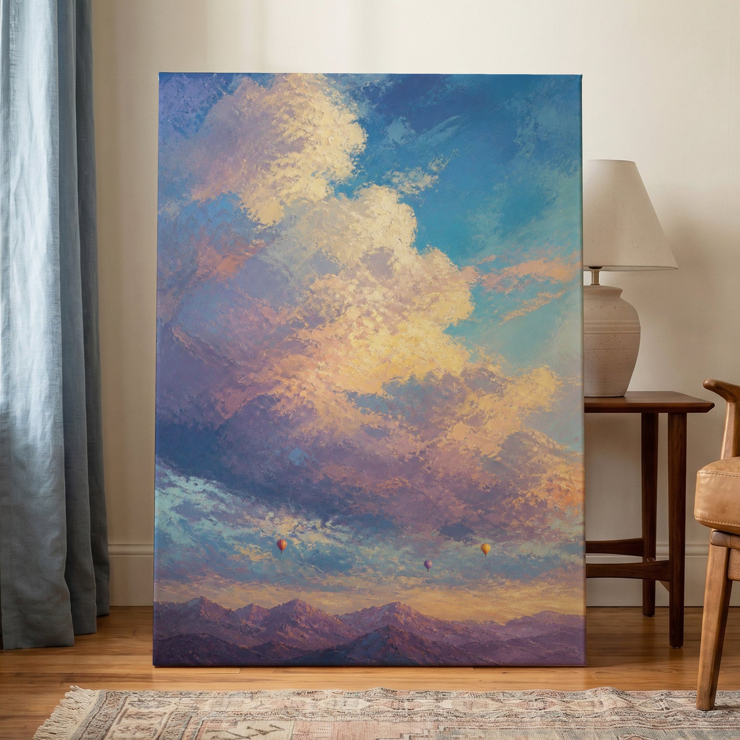 Balloons Beyond the Peaks, blue, purple, gold nature wall art on canvas displayed in a styled interior, gallery view 1