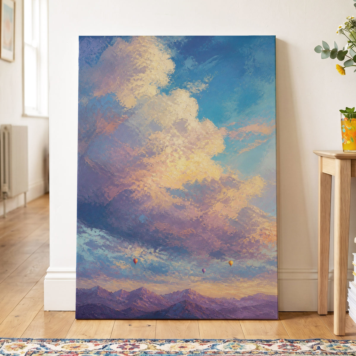 Balloons Beyond the Peaks, blue, purple, gold nature wall art on canvas displayed in a styled interior, gallery view 2