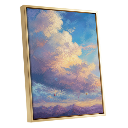 Balloons Beyond the Peaks, blue, purple, gold nature wall art shown as a gold framed canvas wall art