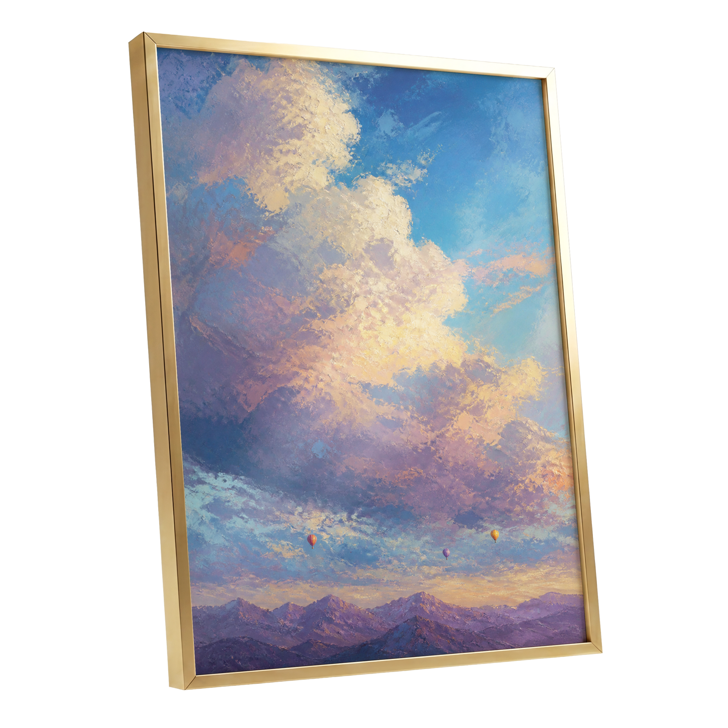 Balloons Beyond the Peaks, blue, purple, gold nature wall art shown as a gold framed poster wall art print