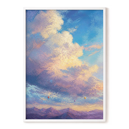 Balloons Beyond the Peaks, blue, purple, gold nature wall art, front artwork view